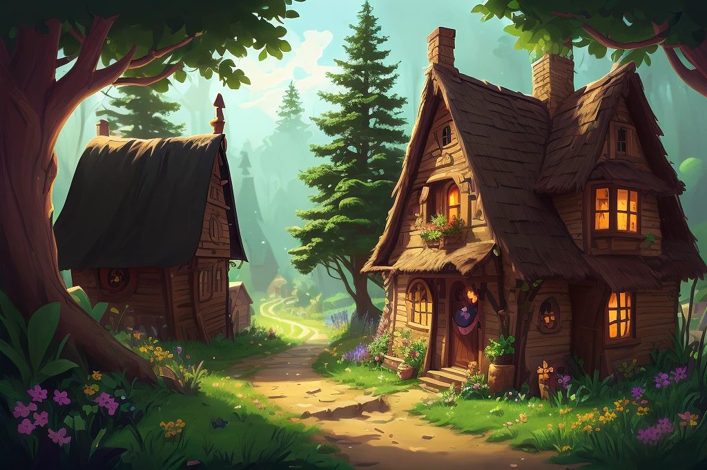 there is a small house in the woods with a pathway, stylized concept art, village in the woods, cottage in the forest, fantasy town setting, fantasy rpg book illustration, witch cottage in the forest, environment design illustration, stylized game art, cottage in the woods, magical fantasy 2 d concept art, painted as a game concept art, medeival fantasy town