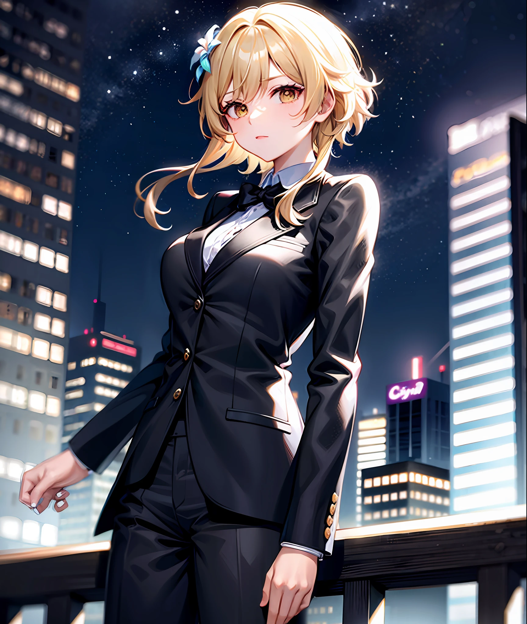 Tuxedo suit, city background, night sky, aviators