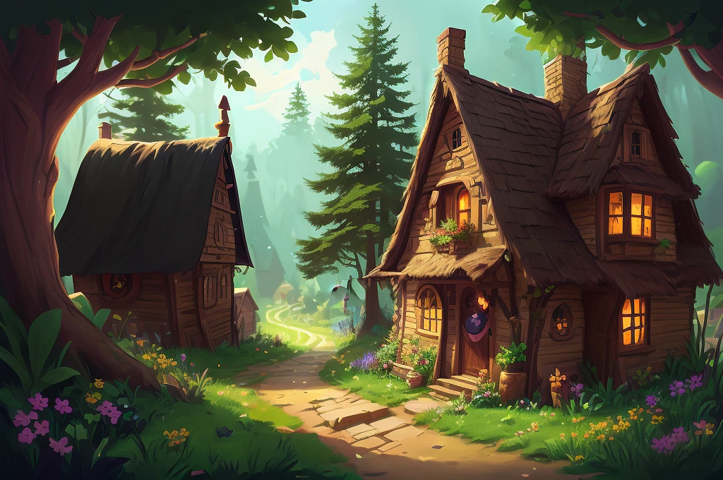 there is a small house in the woods with a pathway, stylized concept art, village in the woods, cottage in the forest, fantasy town setting, stylized game art, medeival fantasy town, 2 d game environment design, painted as a game concept art, environment design illustration, inspired by Andreas Rocha, witch cottage in the forest