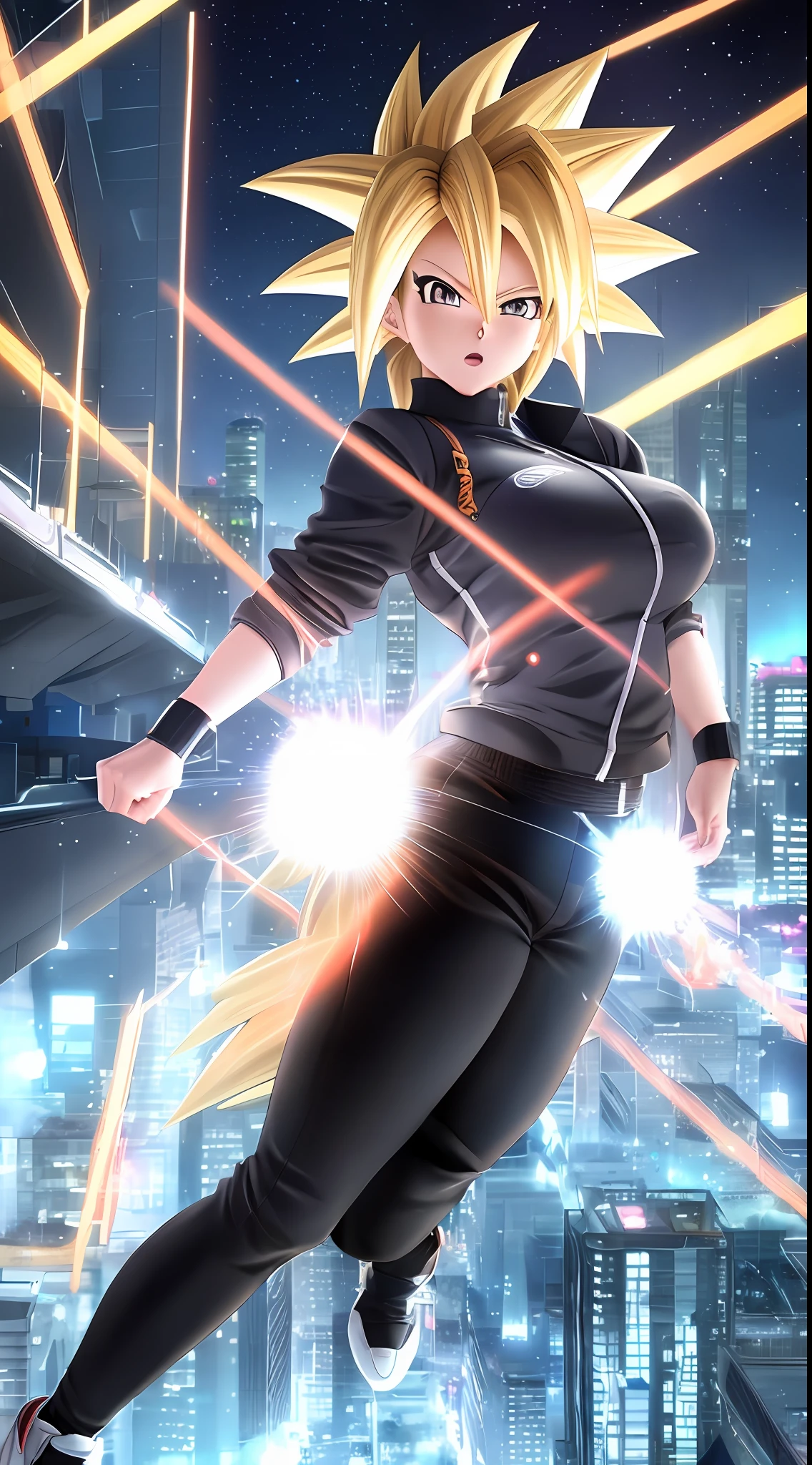 super saiyan ultra instinct, 8k, full body shot of Girl, Anime style, Unreal engine 5, masterpiece, maximum quality, maximum resolution, excellent sharpness, in terrifying city, dark black eyes, short dark brown hair, size XL bust, student outfit white with black pants.