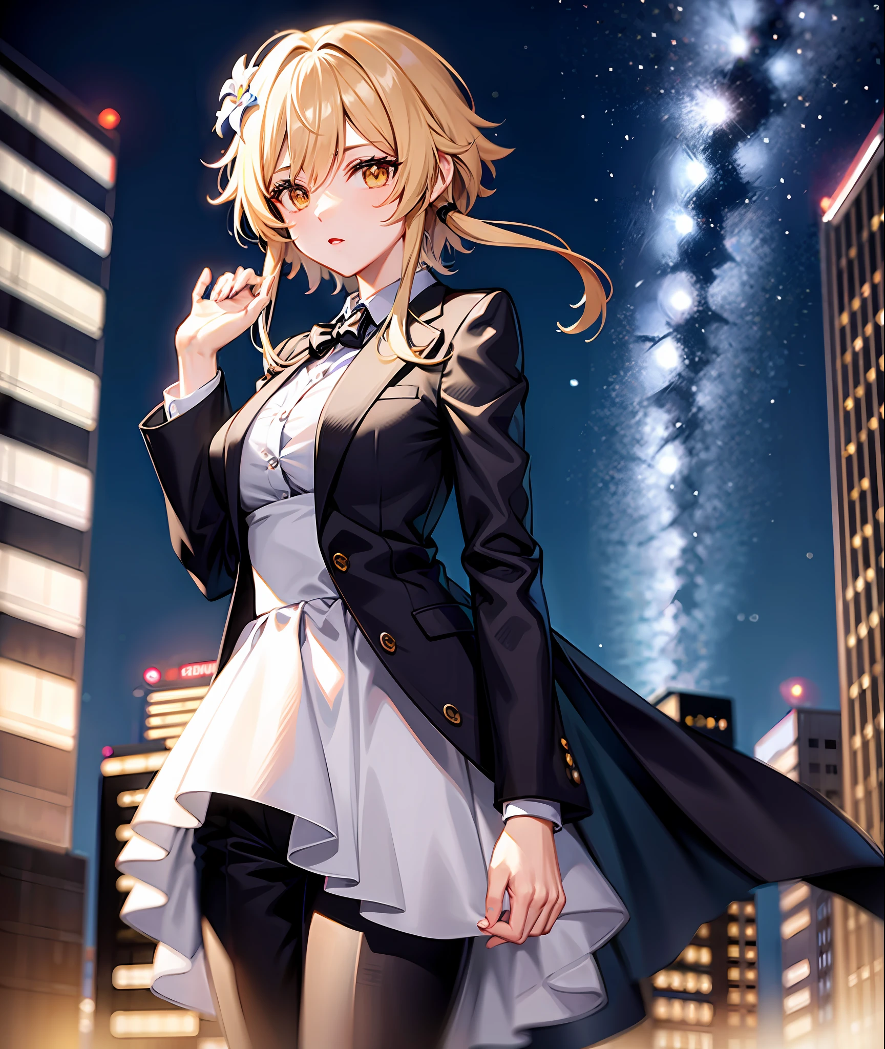 Tuxedo suit, city background, night sky, aviators
