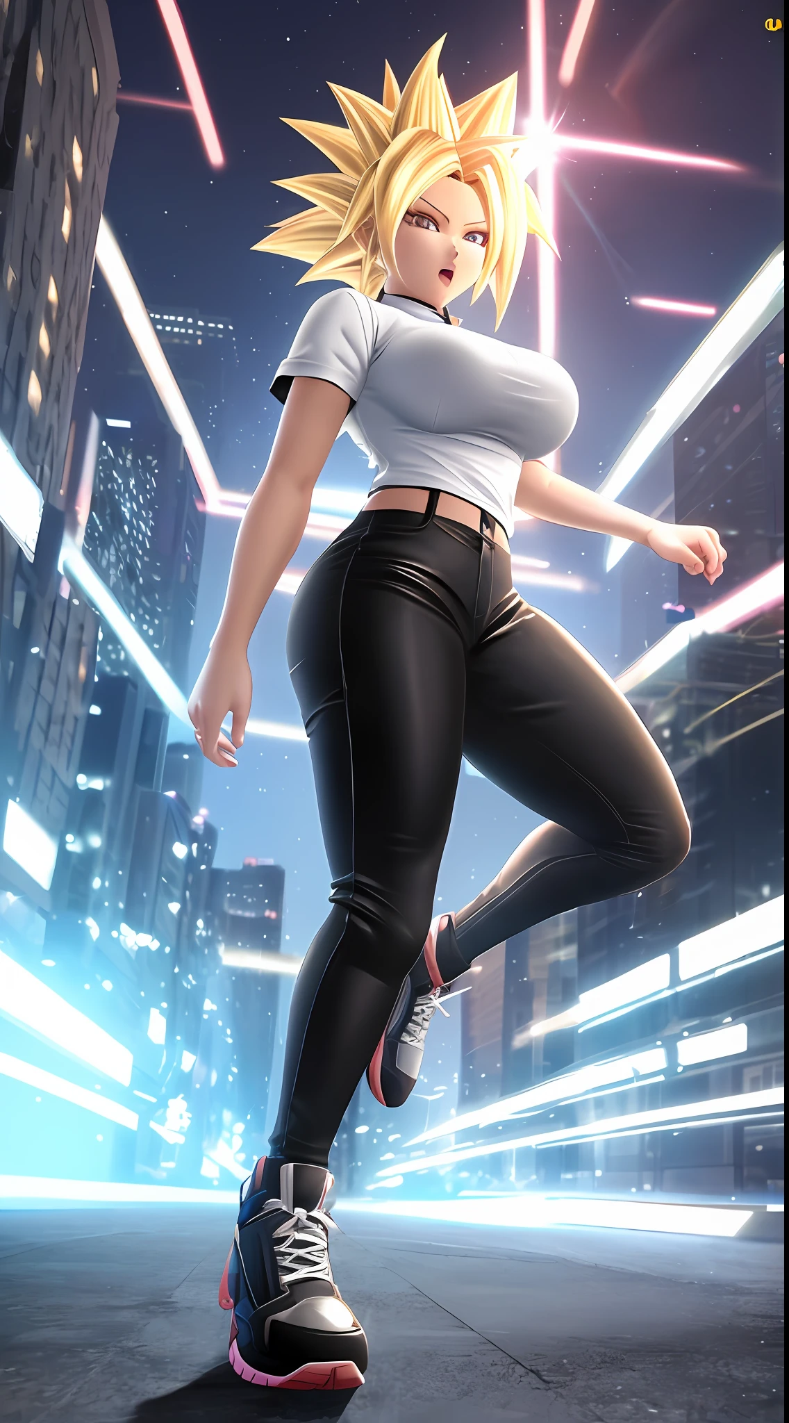 super saiyan ultra instinct, 8k, full body shot of Girl, Anime style, Unreal engine 5, masterpiece, maximum quality, maximum resolution, excellent sharpness, in terrifying city, dark black eyes, short dark brown hair, size XL bust, student outfit white with black pants.