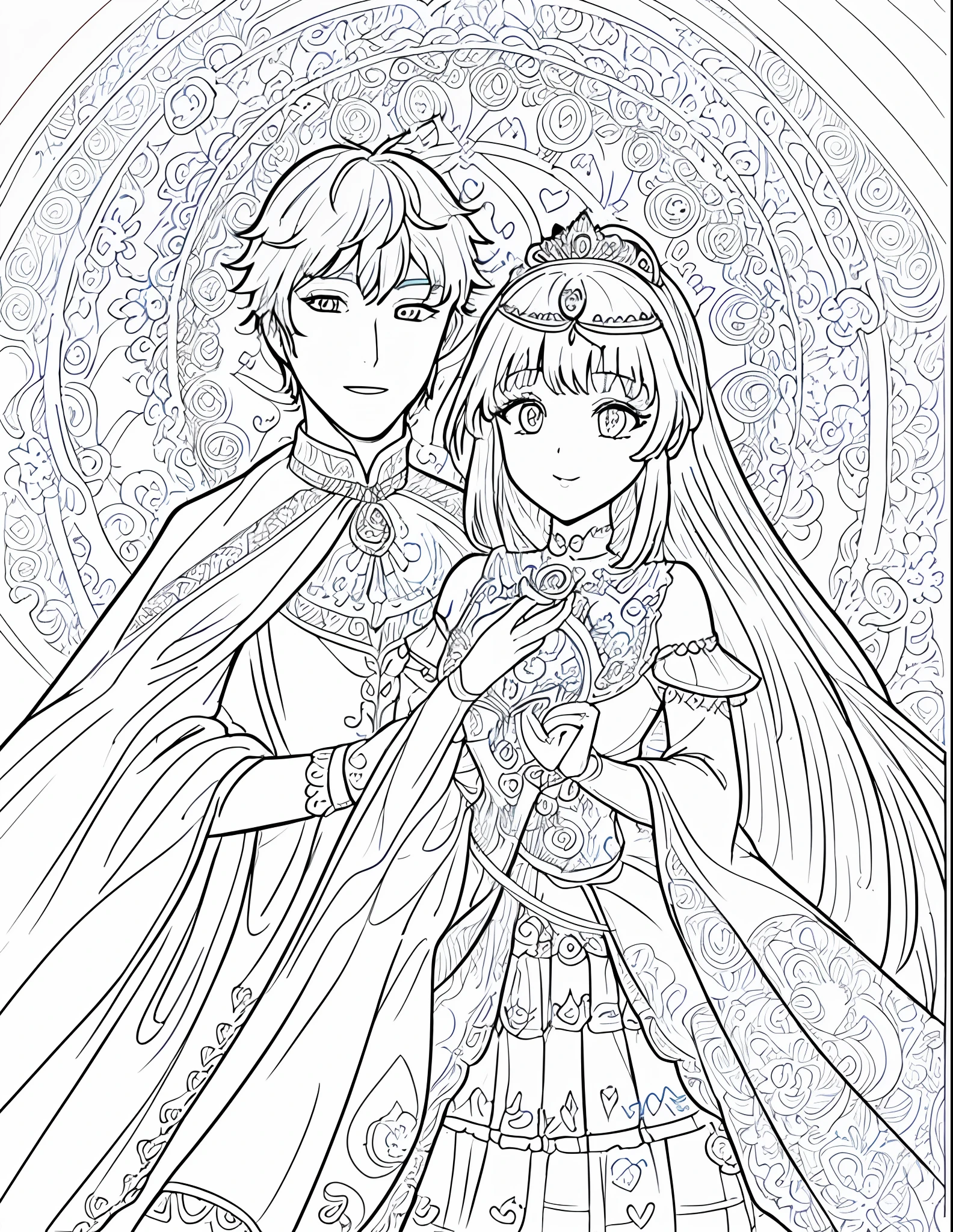 coloring page, completely colored drawings, all colors, multicolored, bold lines, dark lines, valentine's day, mandala couple, white background, clean line art, fine line art, fantasy, prince, princess, mandala hearts, romantic scenes, only faces couple man and woman