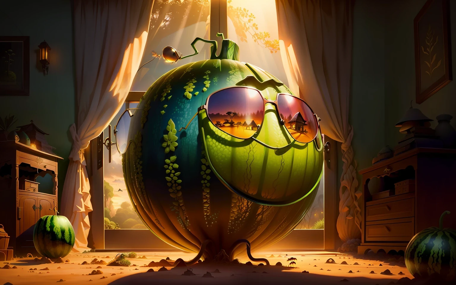 large melon with sunglasses and mouth in the shape of an anthill, close, gloomy, foggy, beautiful, window, entrance, tendril, mystical, firefly, dusk, ants walking around, extremely realistic, realistic cartoon, 4k, masterpiece