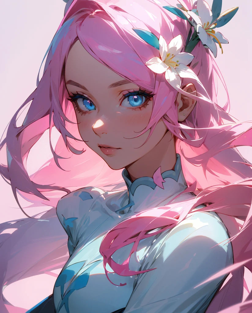 (Detailed Lights, Detailed Shadows), 1Woman, Pink Hair, Close-up, Portrait, (Light Blue Colored Eyes), Extremely Detailed Clothes, ((Modern Clothes)), Beautiful Hair, Muscular, Hair Down, Extremely Detailed Background, Beautiful Background, (Long Hair), MakeUp, Pokemon Trainer, A White Flower on the Head, ((Perfect Eye))