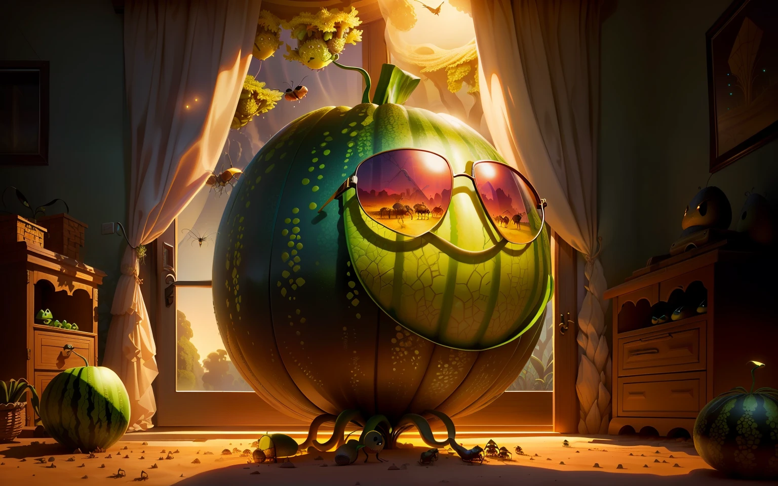large melon with sunglasses and mouth in the shape of an anthill, close, gloomy, foggy, beautiful, window, entrance, tendril, mystical, firefly, dusk, ants walking around, extremely realistic, realistic cartoon, 4k, masterpiece