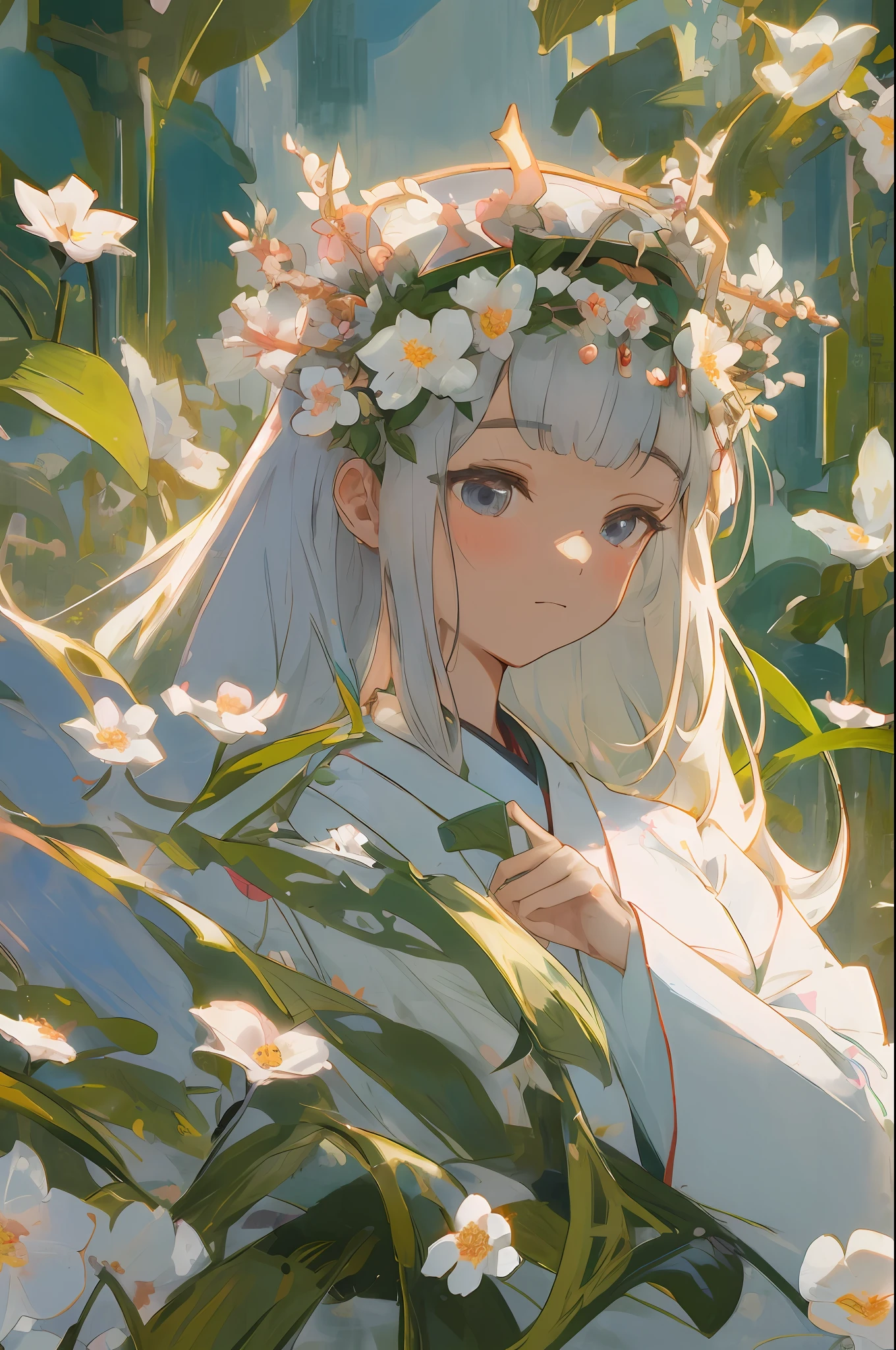 A close-up depicts a beautiful Hanfu girl wearing a flower crown. Her long hair flowed down, and her pretty face showed a cute charm. When we moved our gaze down, we saw that her hair gradually turned into flowers and plants, forming an image in harmony with the surrounding nature. --AR 2：3 --v 5