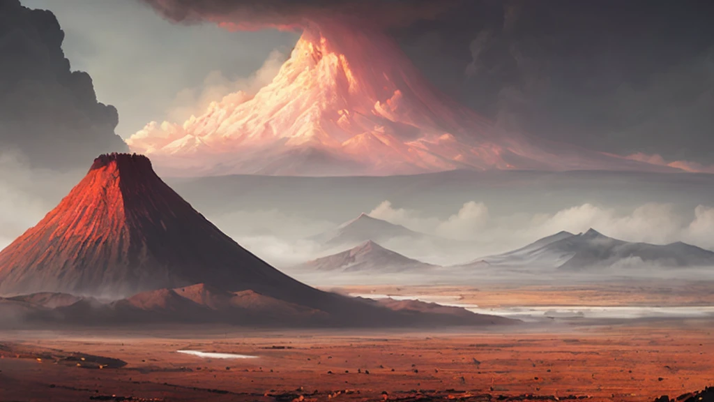 a very fast landscape on a   desert planet,   heavy rain,pouring down,  dust in the air, raining, gray haze, clouds of steam escaping from the ground, volcanoes, rivers, craters, cinematic,  rivers, gray sky,  intricate and hyperdetailed painting by evgeny,beksinski, wide-angle lens, splash screen, triadic colors, fantasy concept art, 8k resolution trending on art, view from the top