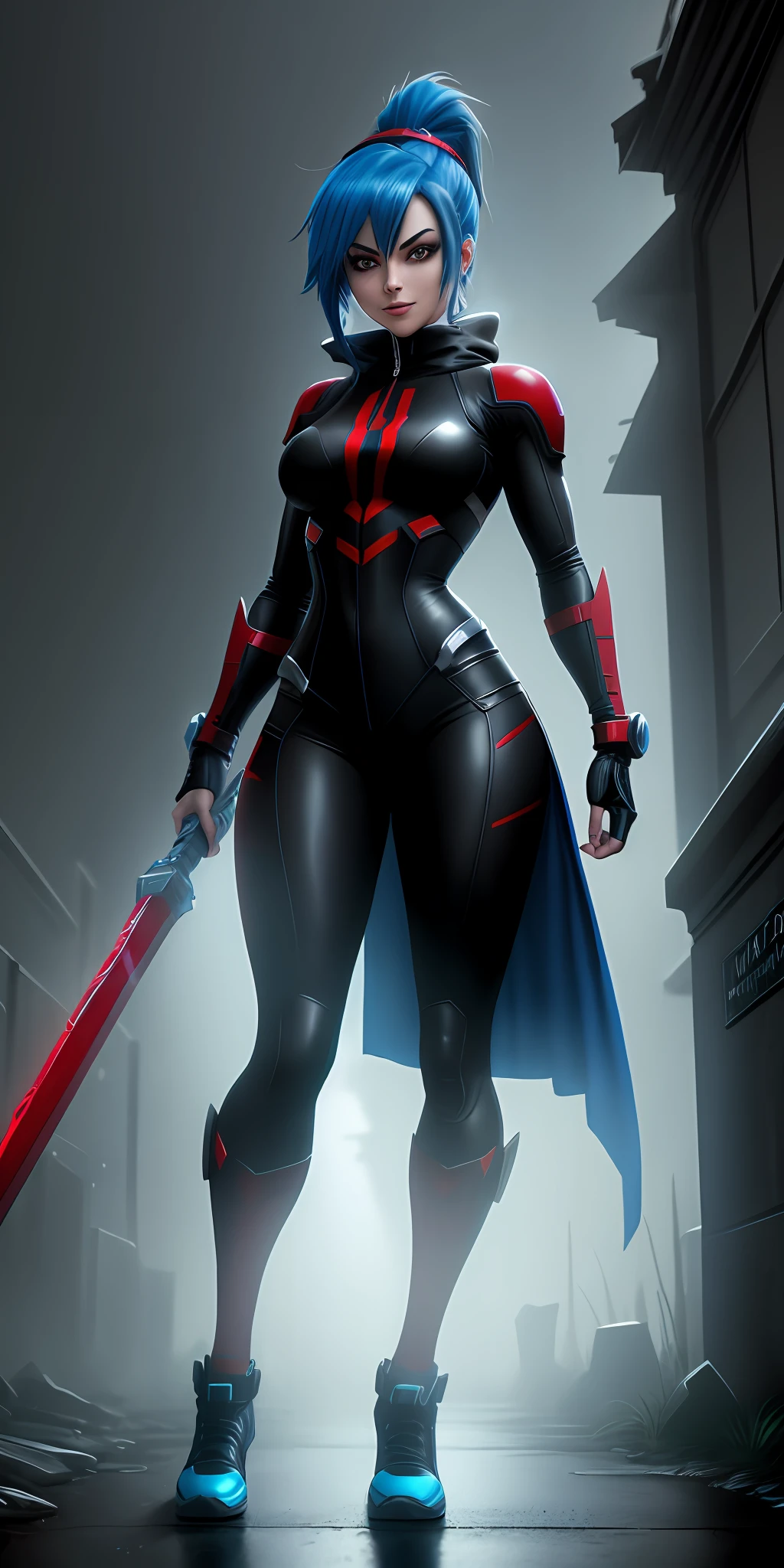 Create a 64k image, Unreal Engine, Mega Man-X style, Mortal Kombat style, Marvel style, full body photo of a skeleton/zombie hybrid as a woman, cosplaying Mega Man-X/Spider-Man, blue hair, red eyes, tight clothing on the body, looking at the viewer, holding machetes, smile, in a macabre graveyard of rainy night.