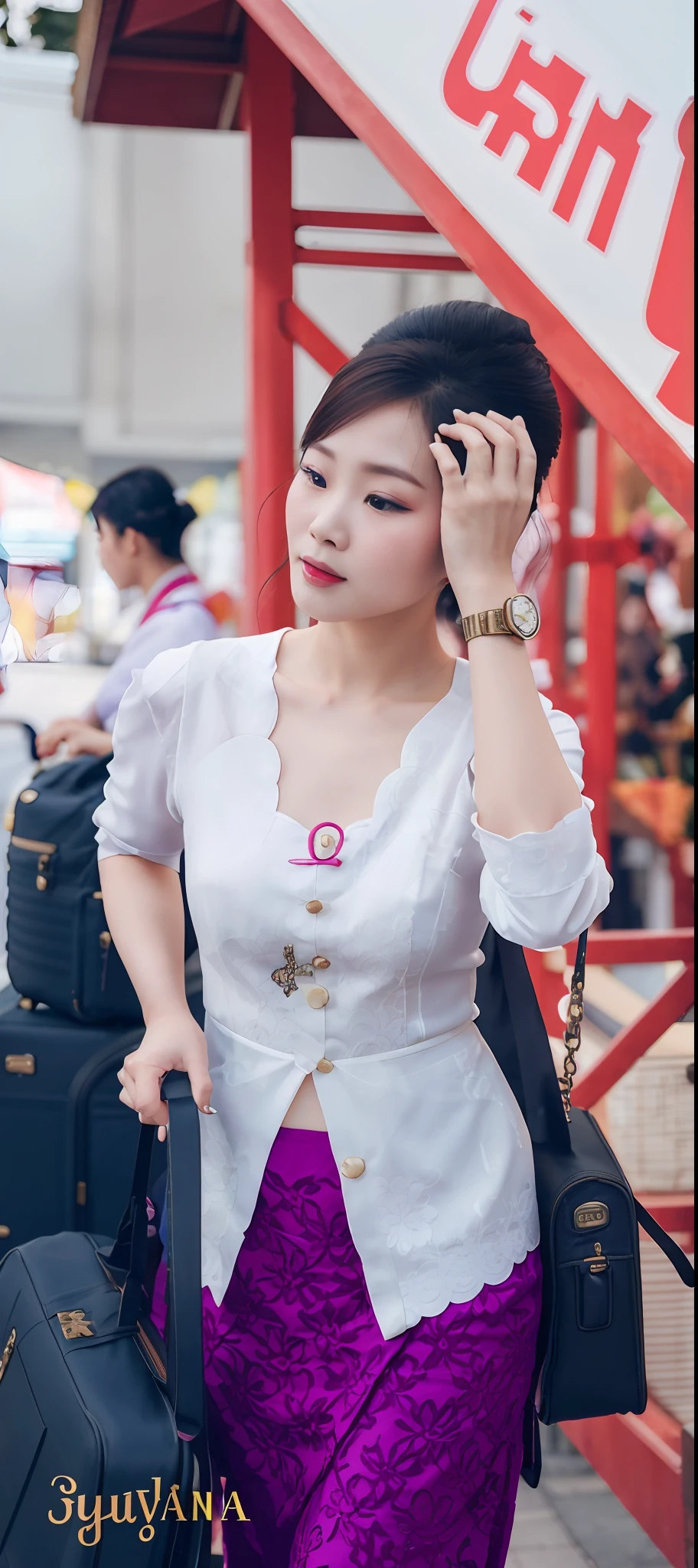 a close up of a woman with a suitcase and a bag, dang my linh, mai anh tran, in style of lam manh, nivanh chanthara, a beautiful woman in white, ruan jia beautiful!, lovely woman, 🤬 🤮 💕 🎀, ao dai, with lovely look, handsome girl