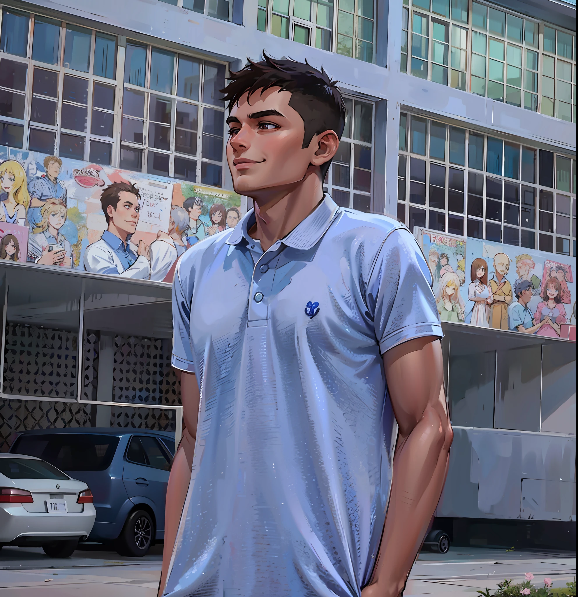 (masterpiece),(best quality:1.0), (ultra highres:1.0), detailed illustration, 8k, anime, 1boy, anime boy, smiling, wearing a blue polo shirt, detailed face, perfect face, anime eyes, detailed eyes, dark brown eyes, detailed hair, highlights in hair, highly detailed, anime style, vibrant