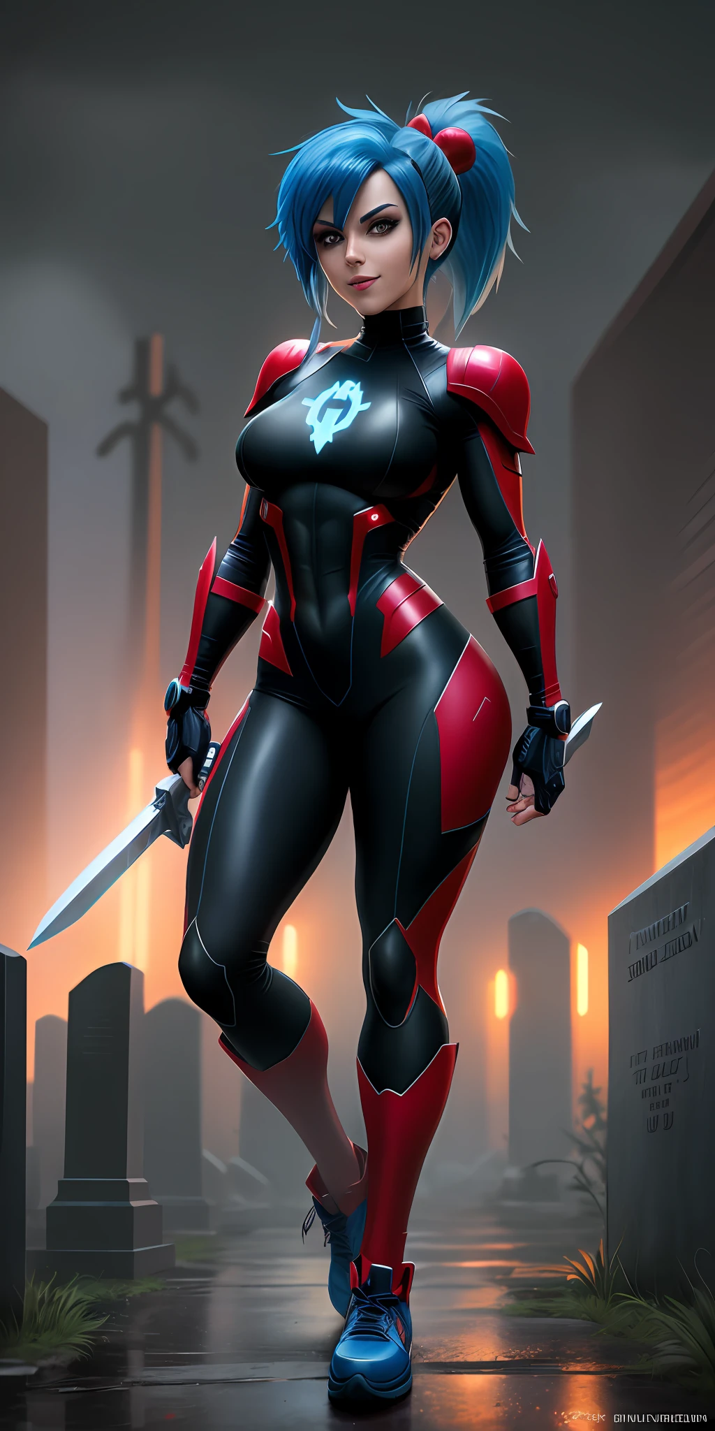 Create a 64k image, Unreal Engine, Mega Man-X style, Mortal Kombat style, Marvel style, full body photo of a skeleton/zombie female hybrid, cosplaying Mega Man-X/Spider-Man, blue hair, red eyes, tight clothing on the body, looking at the viewer, holding machetes, smile, in a macabre cemetery of rainy night.