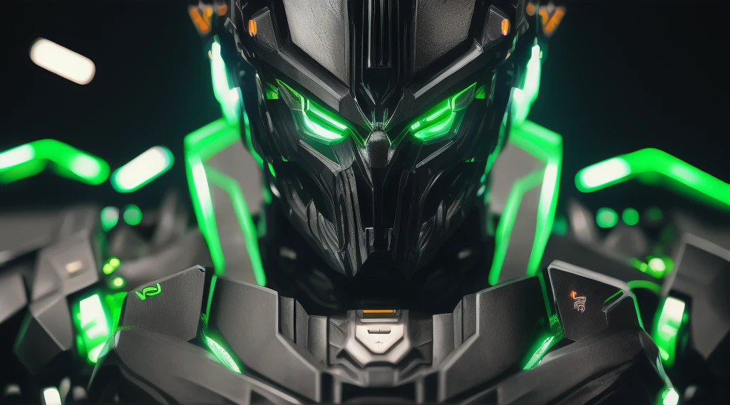 Powerful Transformers style man face black and neon green, aura, demon with neon eyes, realistic photo, ultra details, natural light, black background, photo, cinematic photography + dynamic composition, incredibly detailed, sharp, detail + intricate detail + professional lighting, film lighting + 35mm + anamorphic + lightroom + cinematography + bokeh + lens flare + film grain,all dark black background, 3D block background