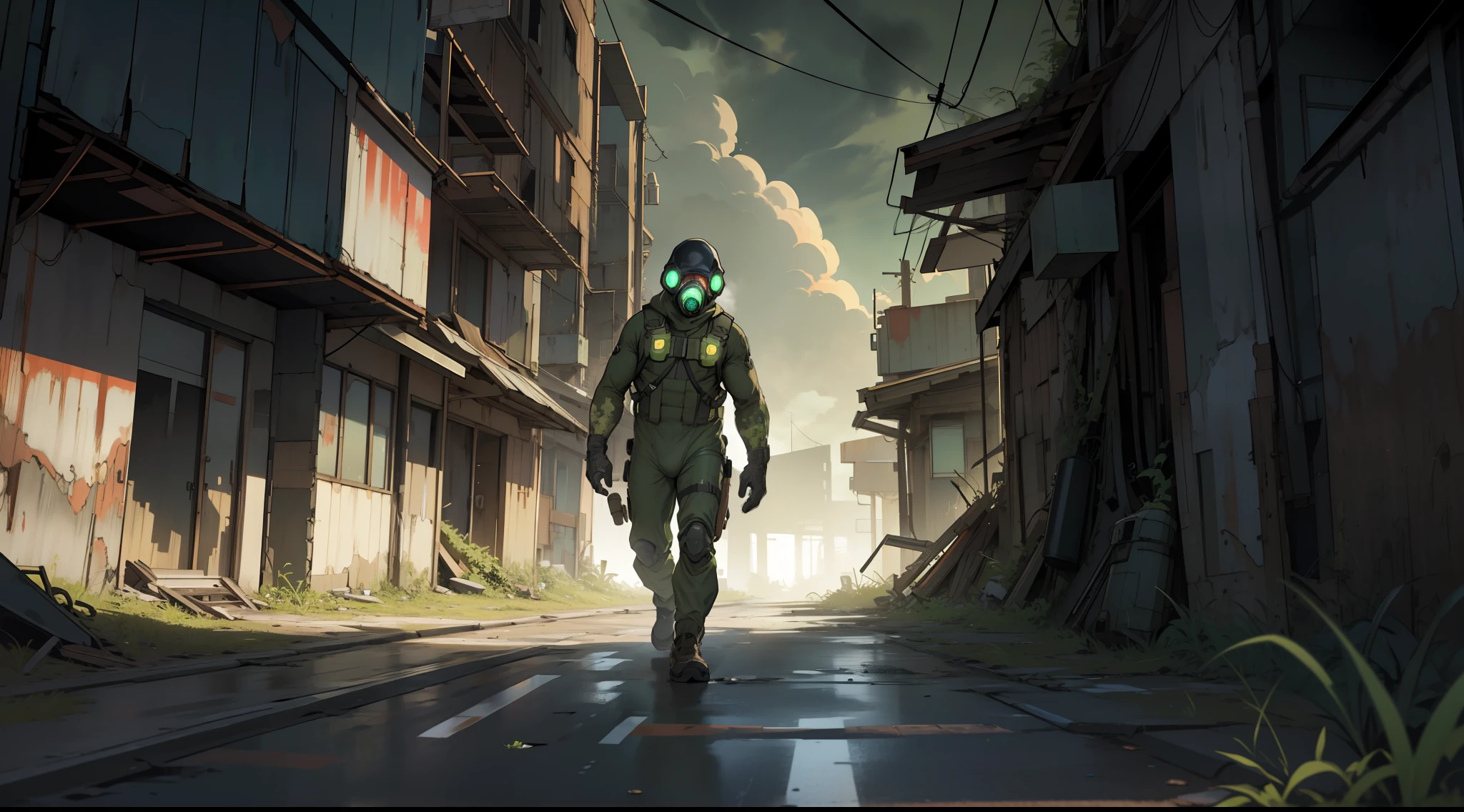 (Ultra detailed), (masterpiece), (best quality), (very detailed CG unit 8k wallpaper), a man in hazmat gas mask suit exploring abandoned city, following the road, polluted, abandoned, (green sky), neglected, dawn, concept art, (small growths of tiny shiny fungi, roots, spores, polluted air), (greenish sky), dark, post-apocalypse, cinematic, highly detailed, stylized wallpaper