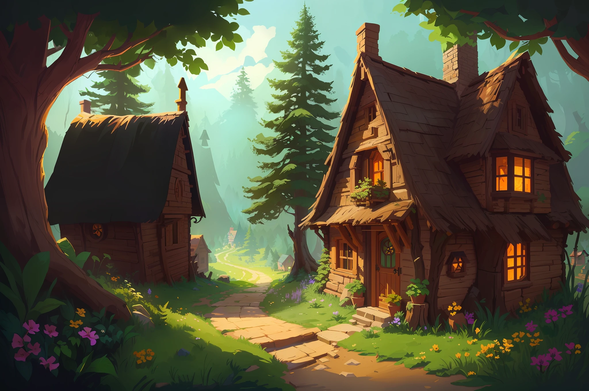 cartoon illustration of a small house in a forest with a path, stylized concept art, village in the woods, cottage in the forest, painted as a game concept art, stylized game art, fantasy rpg book illustration, detailed digital 2d fantasy art, environment design illustration, 2 d game environment design, cottage in the woods, inspired by Andreas Rocha