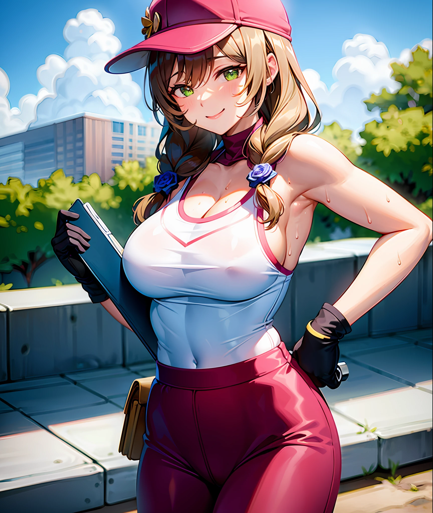 Tank top, track pants, visor cap, (sweaty:1.2), smiling, park background, cowboy shot