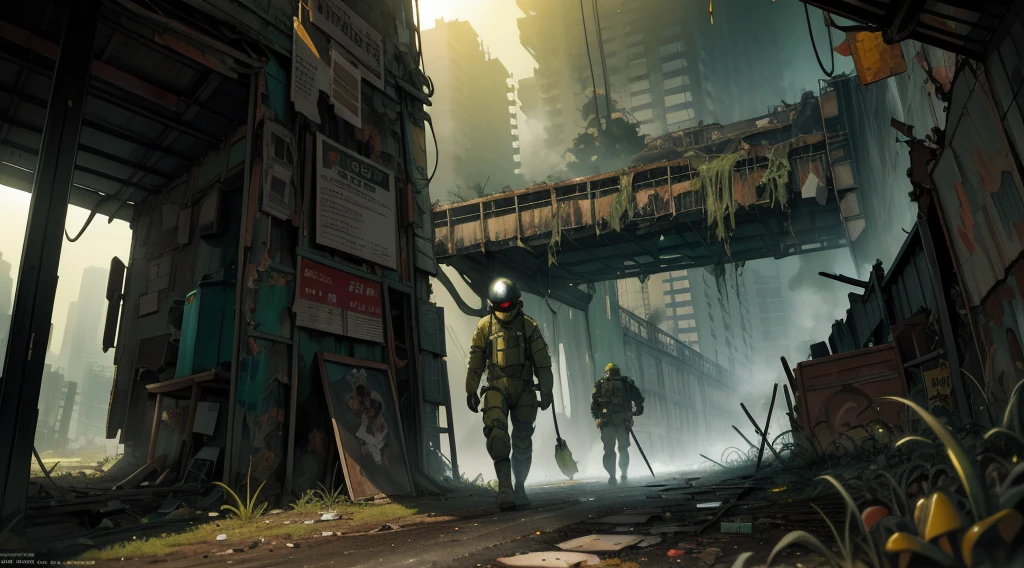 (Ultra detailed), (masterpiece), (best quality), (very detailed CG unit 8k wallpaper), a man in hazmat gas mask suit exploring abandoned city, following the road, polluted, abandoned, (green sky), neglected, dawn, concept art, (small growths of tiny shiny fungi, roots, spores, polluted air), (greenish sky), dark, post-apocalypse, cinematic, highly detailed, stylized wallpaper
