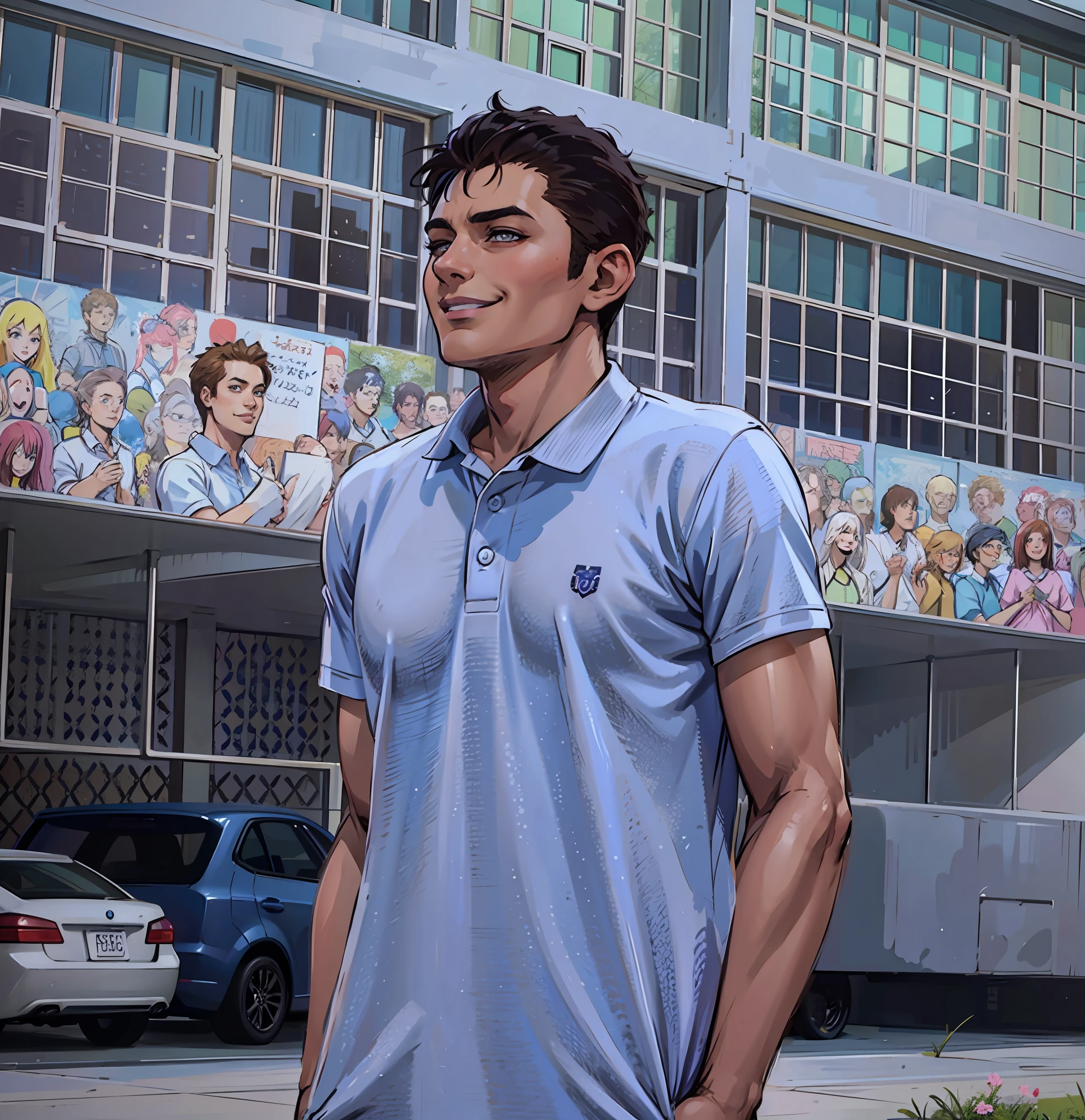 (masterpiece),(best quality:1.0), (ultra highres:1.0), detailed illustration, 8k, anime, 1boy, anime boy, smiling, wearing a blue polo shirt, detailed face, perfect face, anime eyes, detailed eyes, dark brown eyes, detailed hair, highlights in hair, highly detailed, anime style, vibrant