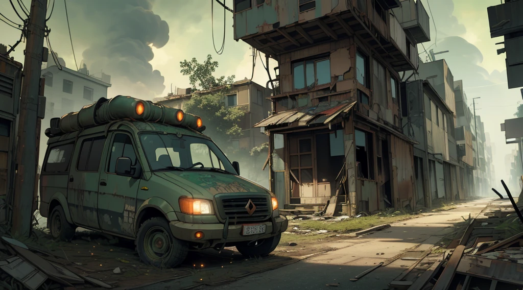 (Ultra detailed), (masterpiece), (best quality), (very detailed CG unit 8k wallpaper), a man in hazmat gas mask suit exploring abandoned city, following the road, polluted, abandoned, (green sky), neglected, dawn, concept art, (small growths of tiny shiny fungi, small bright mushrooms on the ground, roots, spores, polluted air), (greenish sky), dark, post-apocalypse, cinematic, highly detailed, stylized wallpaper