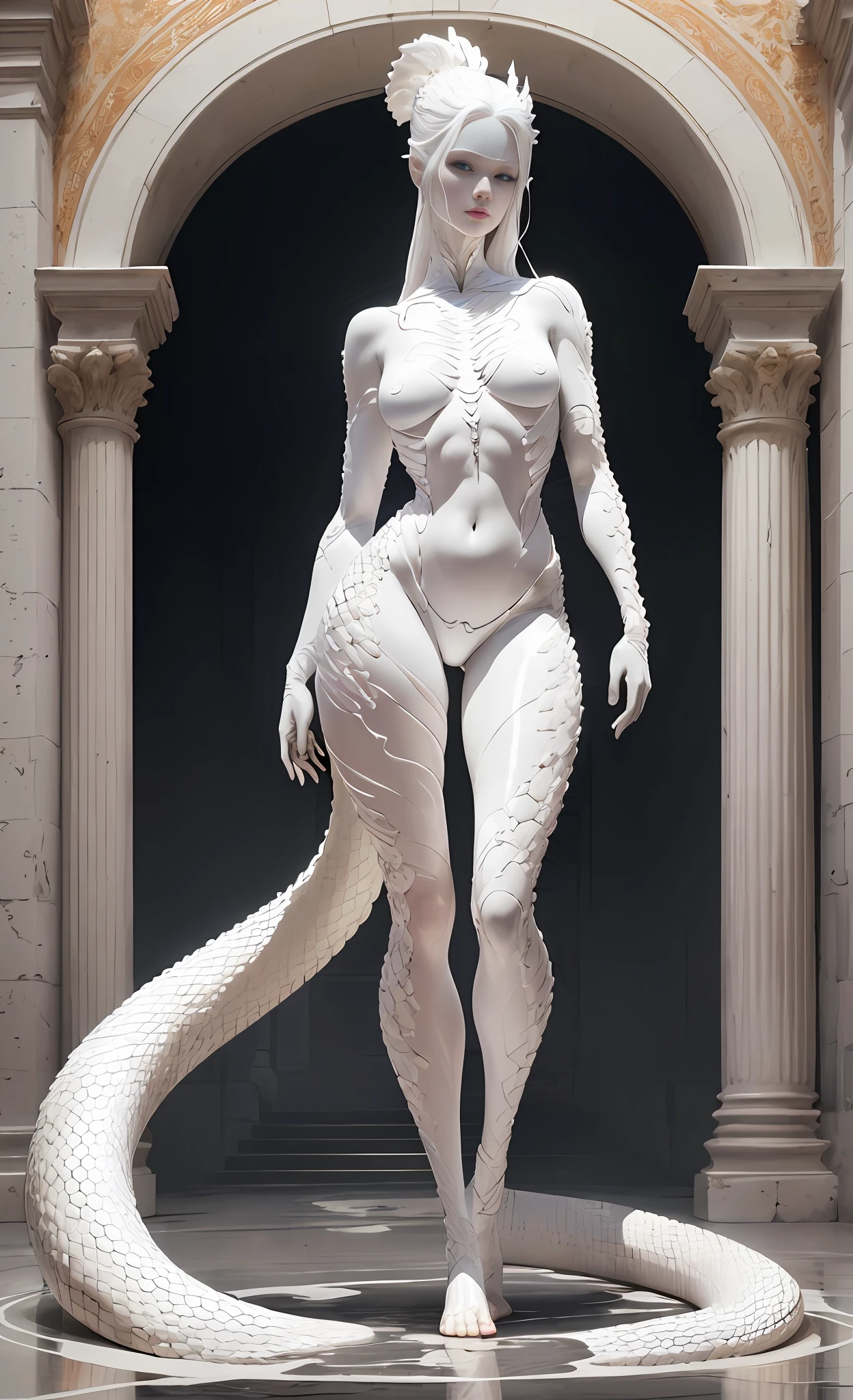 Standing barefoot, white snake (anthropomorphic, beauty, marble statue), ultra-realistic, clear details, (full body), 8k, (original), cg, skin scales, fractures, masterpiece, original photo, sfw, dirty (0.8), (blood: 0.7), (super detailed), clear focus, soft colors, 8k, 8mm, shiny, gel particles, war photography