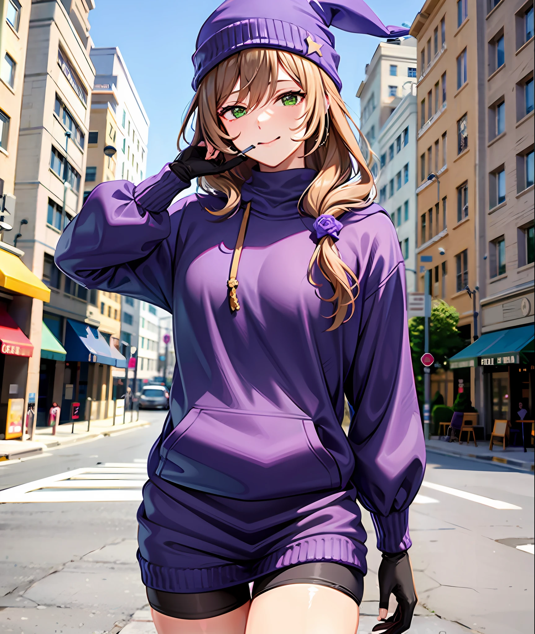 Purple hoodie, beanie, street background, cowboy shot, smoking