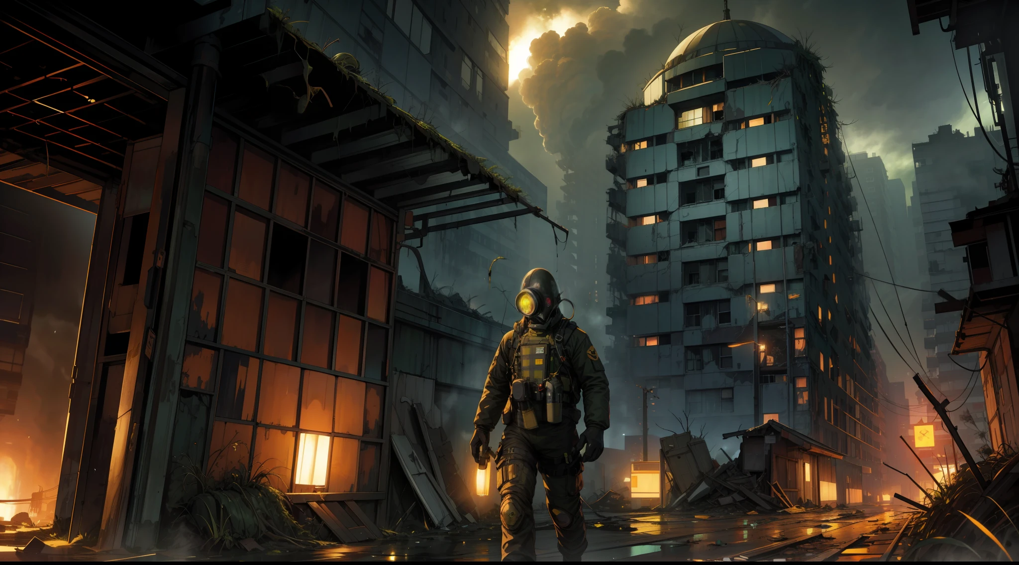 (Ultra detailed), (masterpiece), (best quality), (very detailed CG unit 8k wallpaper), a man in hazmat gas mask suit exploring abandoned city, following the road, polluted, abandoned, (green sky), neglected, dawn, concept art, (small growths of tiny shiny fungi, roots, spores, polluted air), (greenish sky), dark, post-apocalypse, cinematic, highly detailed, stylized wallpaper