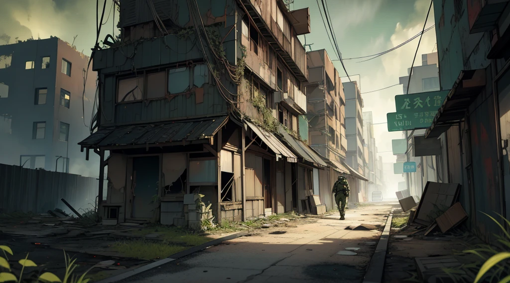 (Ultra detailed), (masterpiece), (best quality), (very detailed CG unit 8k wallpaper), a man in a gas mask hazmat suit holding an assault rifle exploring abandoned city, following the road, polluted, abandoned, (green sky), dawn, concept art, (small growths of tiny bright fungi, roots, spores, polluted air), (greenish sky), dark, post-apocalypse, cinematic, highly detailed, stylized wallpaper