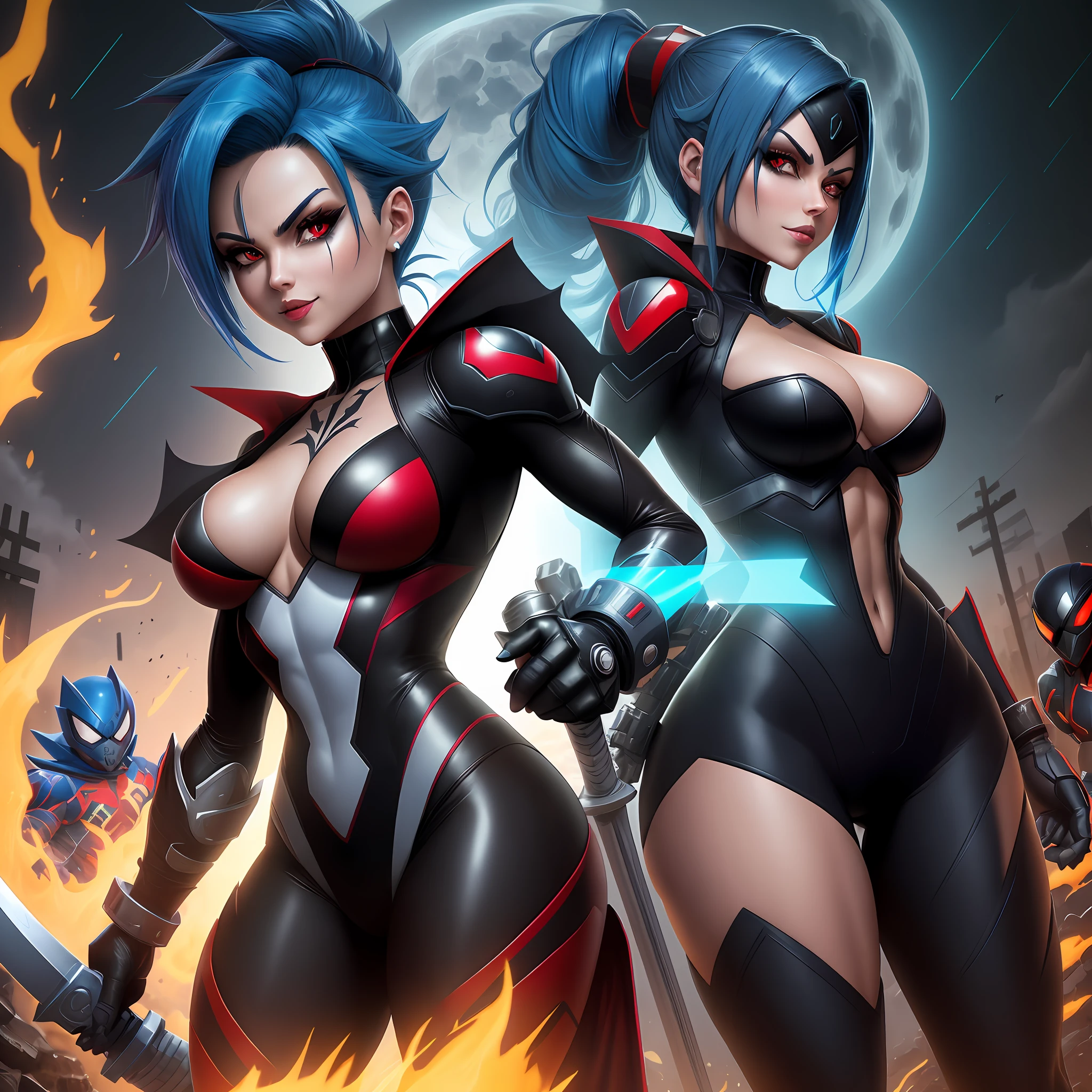 Create a 64k Unreal Engine image in the style of Mega Man-X fused with the styles of Mortal Kombat and Marvel. The image should feature a full-body photo of a skeleton+zombie hybrid holding swords and grinning menacingly at the viewer. The character should be modeled after a woman dressed as Mega Man-X/Spider-Man with blue hair, red eyes, and skin-tight clothing. The background should be a spooky cemetery on a rainy night.