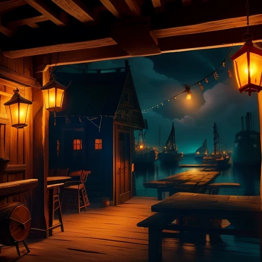 set design (an old tavern overlooking a primitive port, lamps, wooden boxes and cranes) 8K