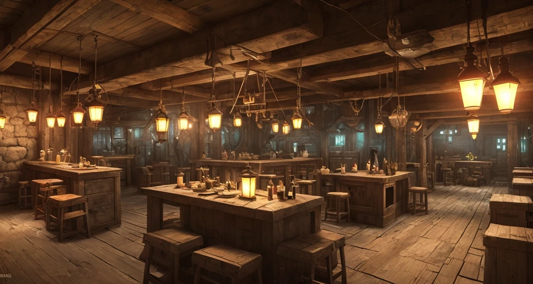 set design (an old tavern overlooking a primitive port, lamps, wooden boxes and cranes) 8K