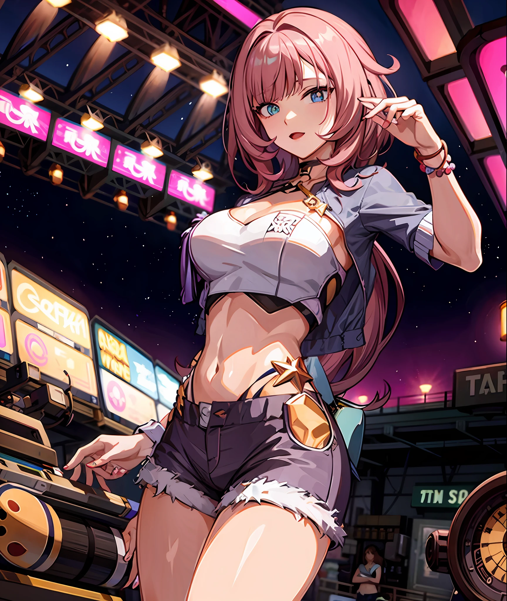 Crop top, jean shorts, cowboy shot