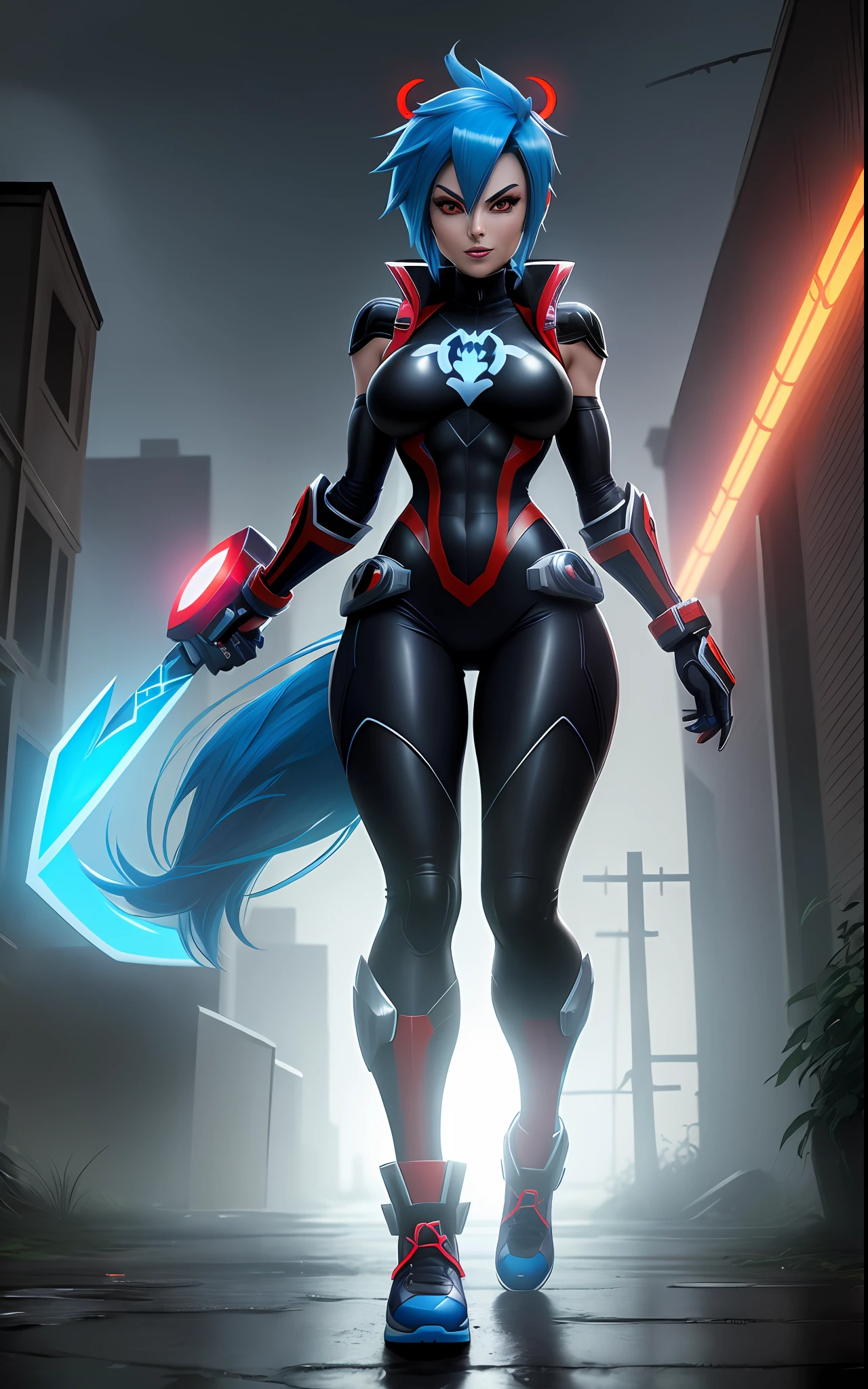 Create a 64k Unreal Engine image in the style of Mega Man-X fused with the styles of Mortal Kombat and Marvel. The image should feature a full-body photo of a skeleton+zombie hybrid holding swords and grinning menacingly at the viewer. The character should be modeled after a woman dressed as Mega Man-X/Spider-Man with blue hair, red eyes, and skin-tight clothing. The background should be a spooky cemetery on a rainy night.