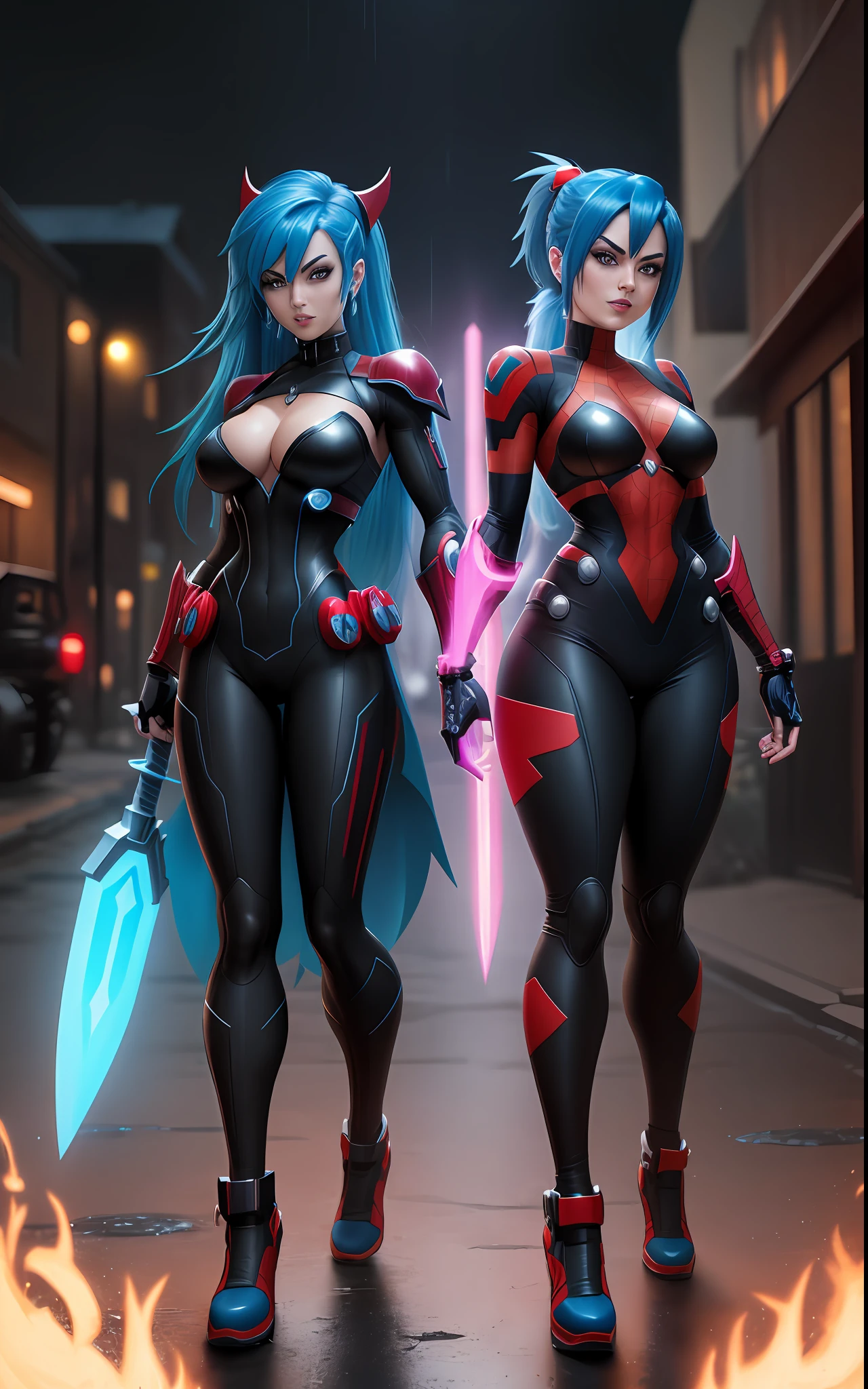 Create a 64k Unreal Engine image in the style of Mega Man-X fused with the styles of Mortal Kombat and Marvel. The image should feature a full-body photo of a skeleton+zombie hybrid holding swords and grinning menacingly at the viewer. The character should be modeled after a woman dressed as Mega Man-X/Spider-Man with blue hair, red eyes, and skin-tight clothing. The background should be a spooky cemetery on a rainy night.