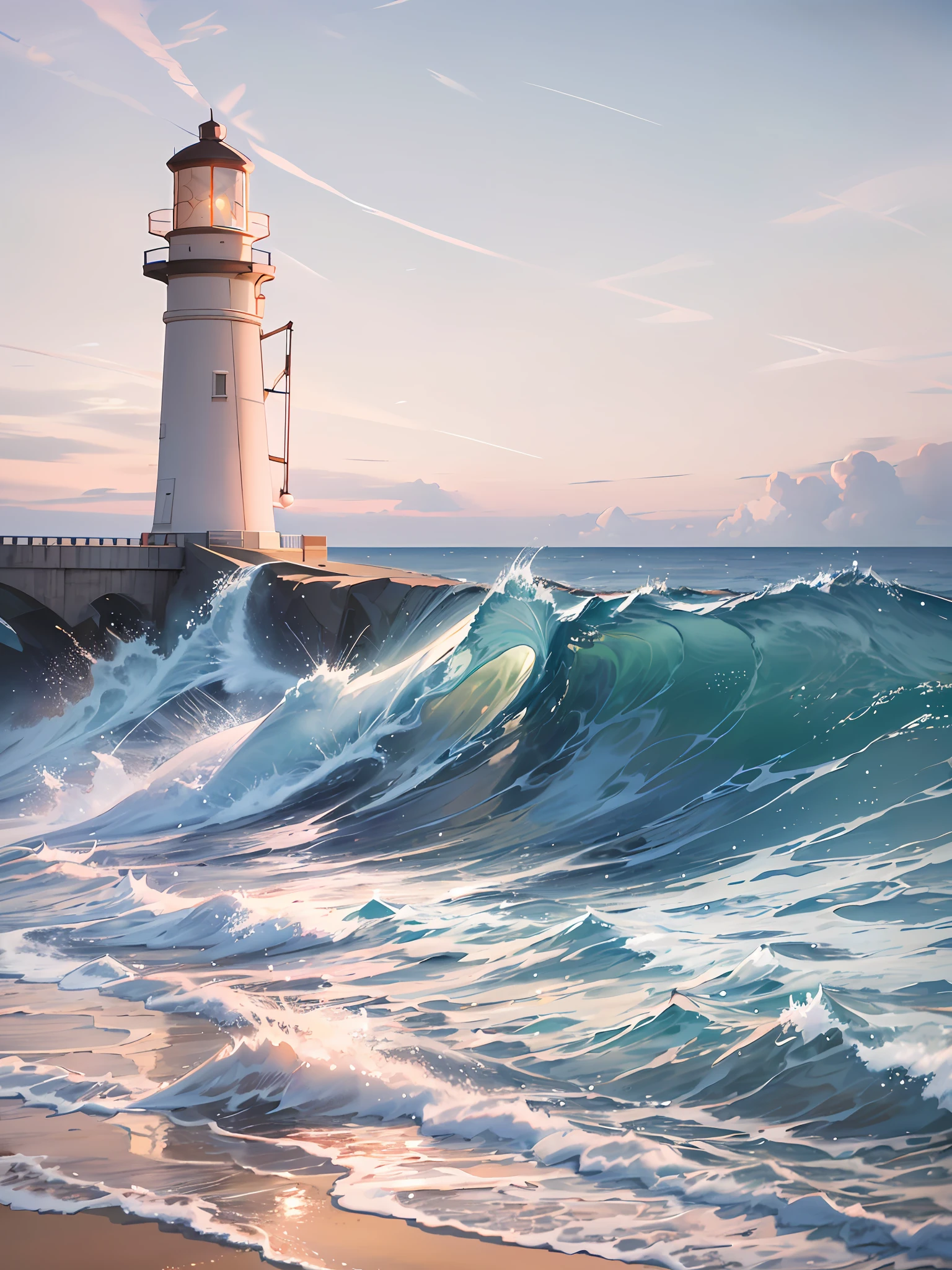 Wallpaper, lighthouse, sea, breaking waves, pink sky, beach, HD detail, ultra detailed, film, hyper realism, soft light, deep field focus bokeh, diffuse (extra thin glass reflections) and ultra realism. --v6