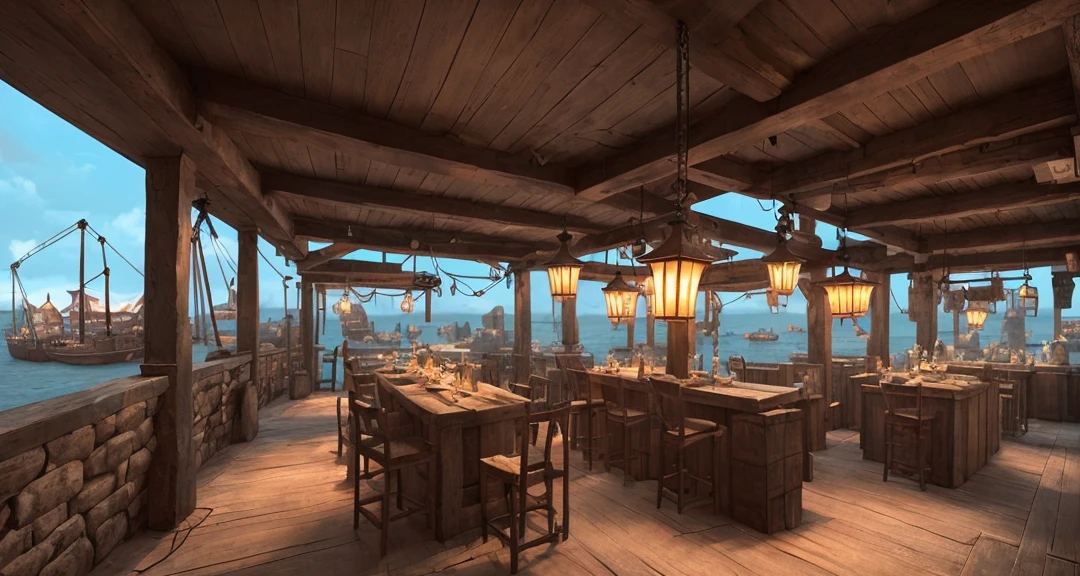 set design (an old tavern overlooking a primitive port, lamps, wooden boxes and cranes) 8K
