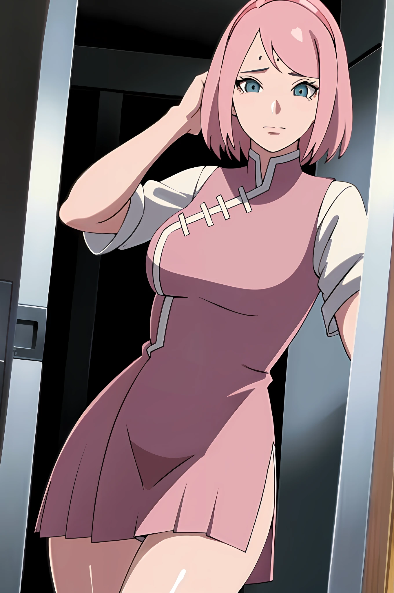 high school girl, tall, white blouse, pleated skirt, short pink hair, bangs covering one eye, saggy eyes, big boobs, thick thighs, buttocks, bangs covering one eye