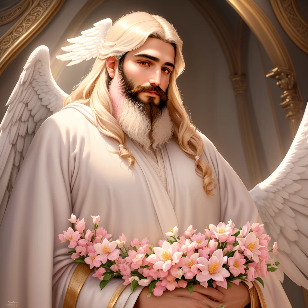 Here's a Prompt optimized based on the given input: (Fine Art, Realistic Painting, Detailed, Ultra-Detailed), (Beautiful Illumination, Best Shadow, Dreamy), Character: Jesus Christ (Middle Eastern, Bearded, Wearing a White Robe), Background: Beautiful Angel (Blonde Hair, White Wings), Flowers (Soft Pink):1.1, Ray of Light (Warm):1.2