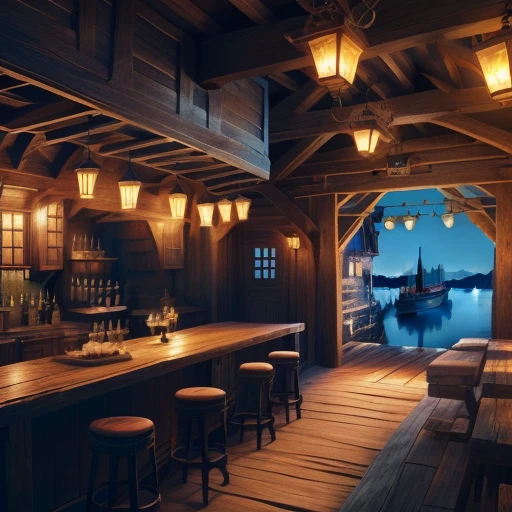 set design (an old tavern overlooking a primitive port, lamps, wooden boxes and cranes) 8K
