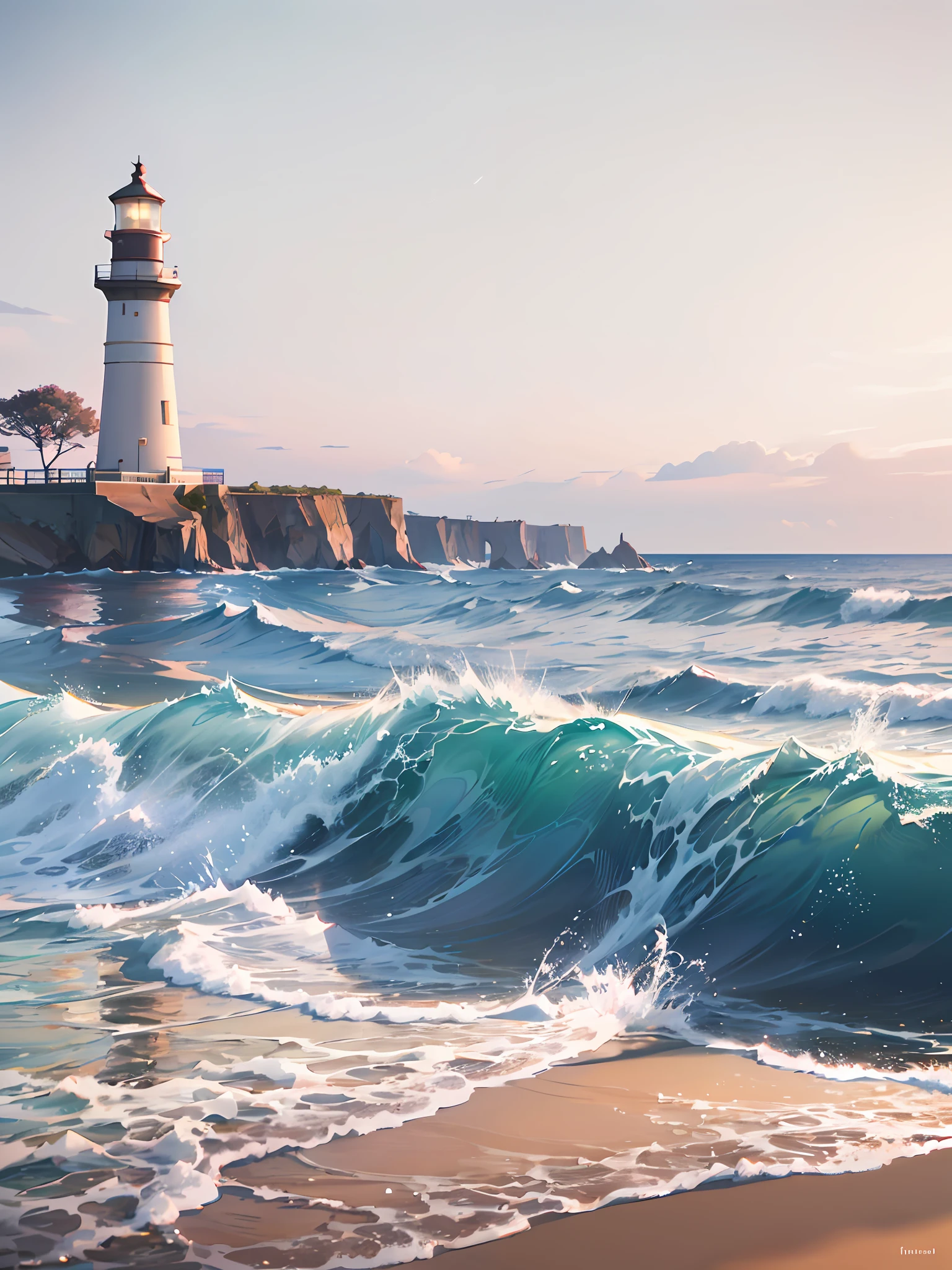 Wallpaper, lighthouse, sea, breaking waves, pink sky, beach, HD detail, ultra detailed, film, hyper realism, soft light, deep field focus bokeh, diffuse (extra thin glass reflections) and ultra realism. --v6