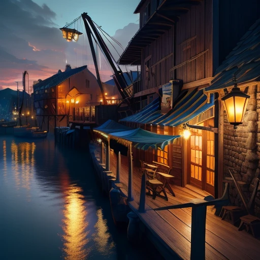 set design (an old tavern overlooking a primitive port, lamps, wooden boxes and cranes) 8K