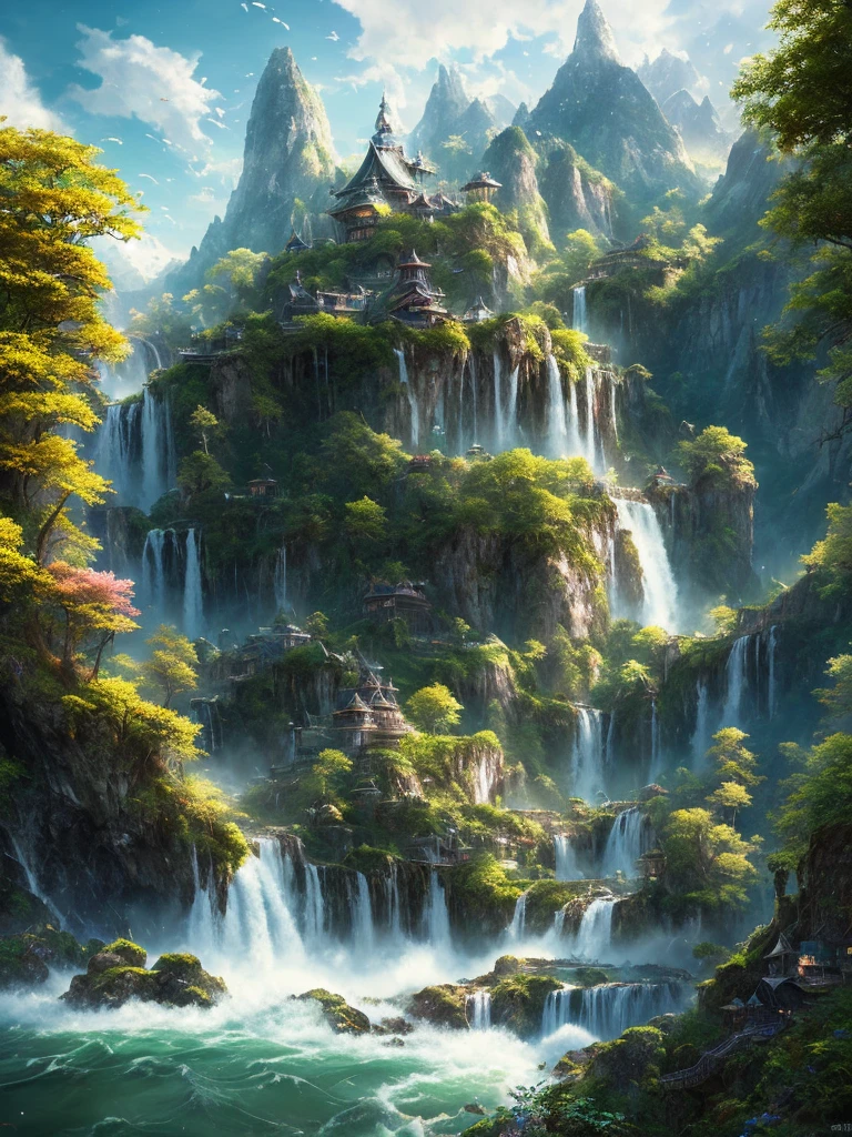 masterpiece, best quality, high quality, extremely detailed CG unity 8k wallpaper, scenery, outdoors, sky, cloud, day, no humans, mountain, landscape, water, tree, blue sky, waterfall, cliff, nature, lake, river, cloudy sky,award winning photography, Bokeh, Depth of Field, HDR, bloom, Chromatic Aberration ,Photorealistic,extremely detailed, trending on artstation, trending on CGsociety, Intricate, High Detail, dramatic, art by midjourney