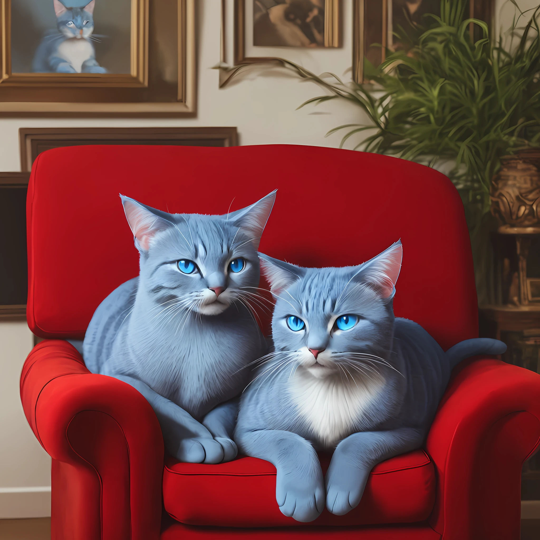 1 blue cat on red sofa looking at portrait viewer
