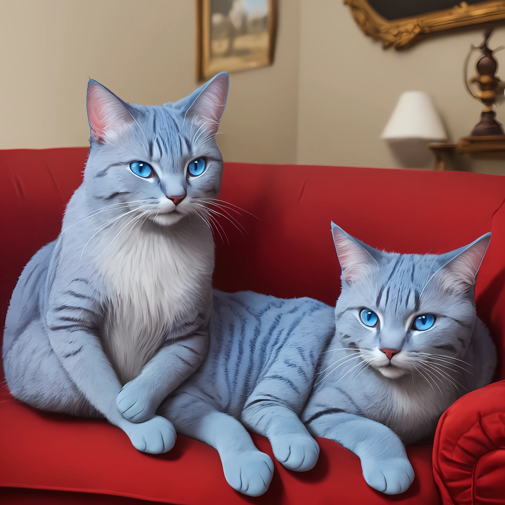 1 blue cat on red sofa looking at portrait viewer