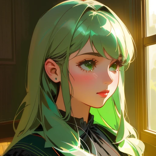 Generate an image of a young British girl with long gray hair and emerald green eyes. (Portrait, Semi-Realistic Style, Indoor Setting, Natural Lighting, Medium Quality, Subtle Noise, Cool Colors, Realistic Brushwork, DeviantArt Influence, Vintage Clothing, Macro Lens)