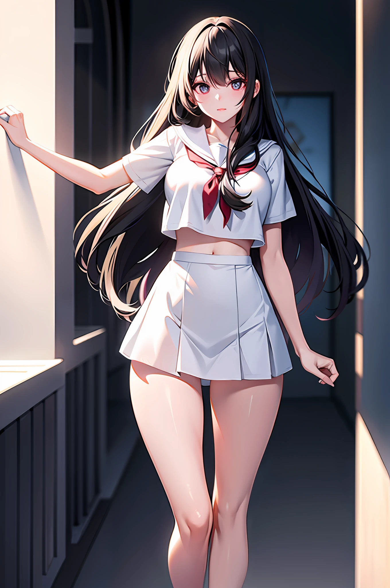 High quality, super definition, extremely beautiful CG canvas (CG Unity) 8K, best lighting, best shadow, floating subject is college girl, long black hair, thin eyes, big, thin constriction, tall, full body, wearing white panties, color saturation. High school girl