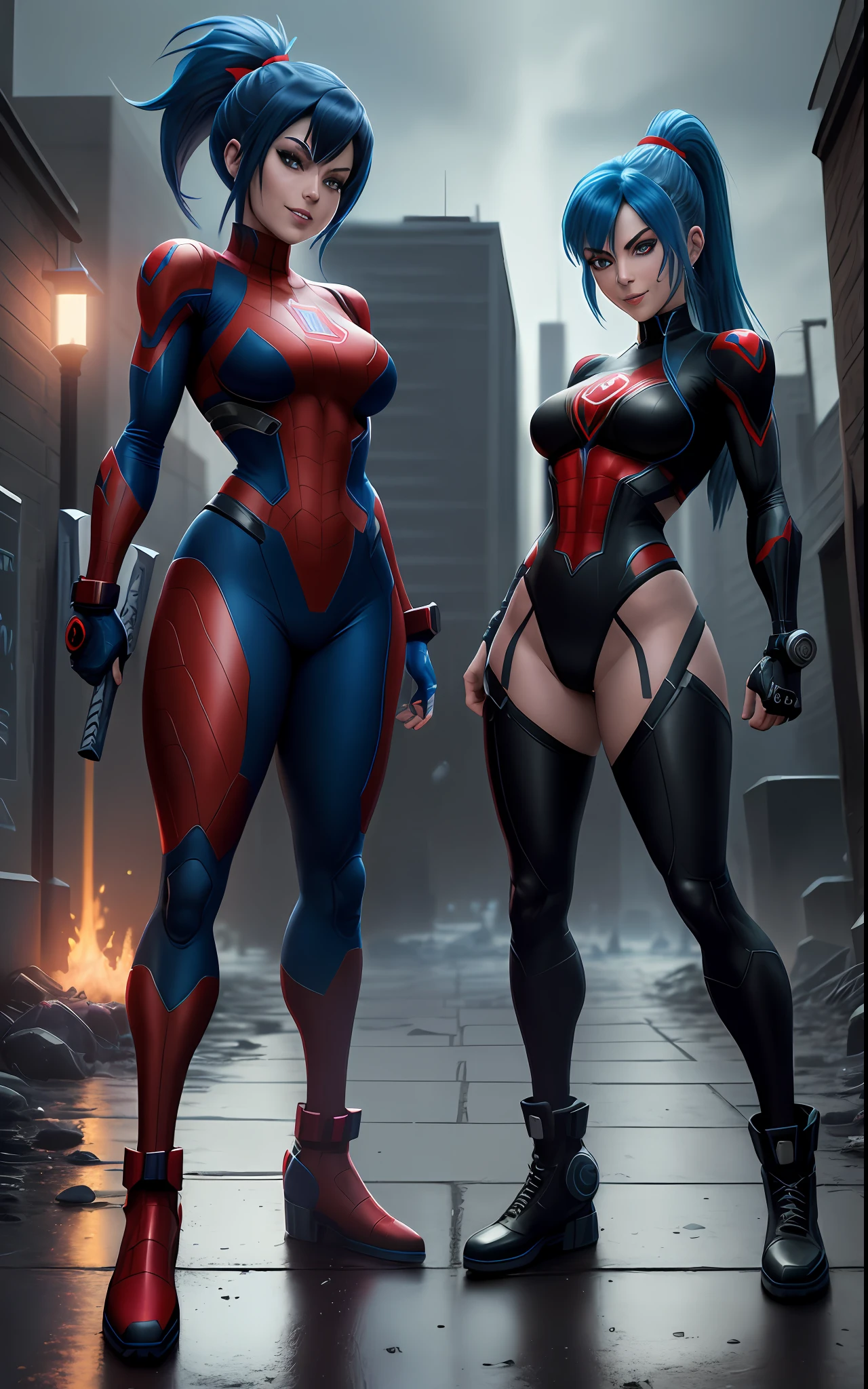 Create a 64k image, Unreal Engine, Mega Man-X style, Mortal Kombat style, Marvel style, skeleton/zombie, full body photo of a woman cosplaying Mega Man-X/Spider-Man, blue hair, red eyes, tight clothing on the body, looking at the viewer, holding machetes, smile, in a macabre cemetery of rainy night.