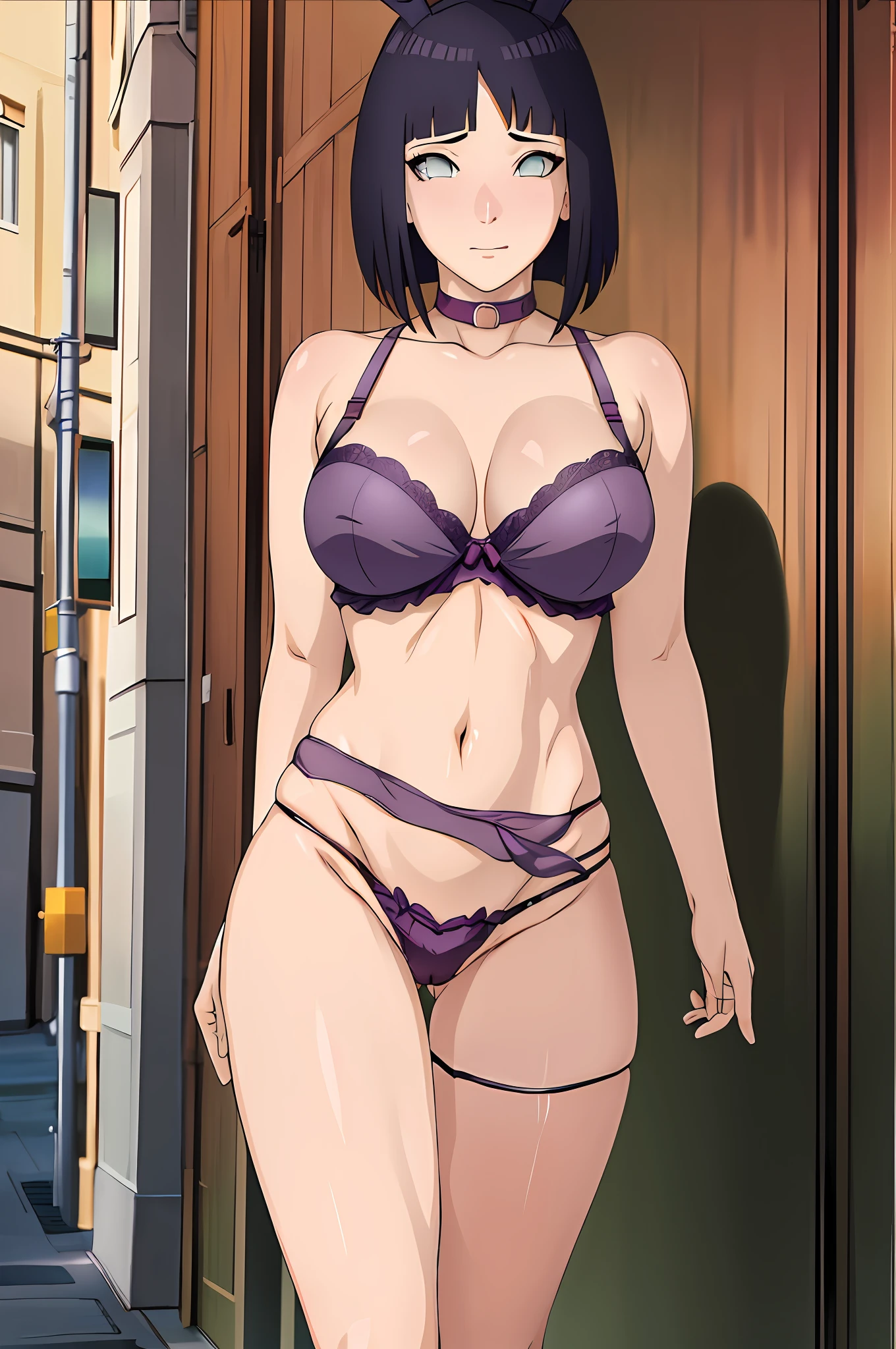 masterpiece, best quality, highres, sf1, diaphragm, purple thighs, bare shoulders, belt, bra, panties, thong, walking in public, embarrassed walking in public, green eyes, starfire, bunny suit, pantyhouse, neck belt, bunny ears