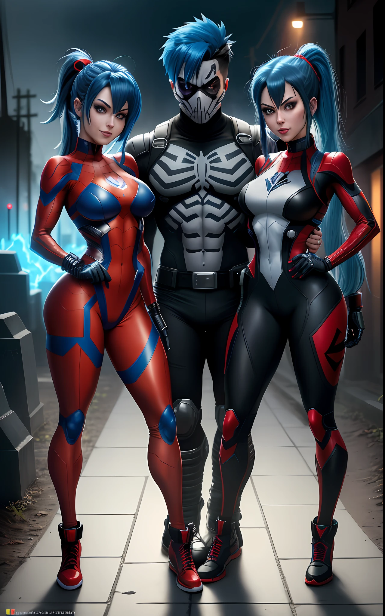 Create a 64k image, Unreal Engine, Mega Man-X style, Mortal Kombat style, Marvel style, skeleton/zombie, full body photo of a woman cosplaying Mega Man-X/Spider-Man, blue hair, red eyes, tight clothing on the body, looking at the viewer, holding machetes, smile, in a macabre cemetery of rainy night.