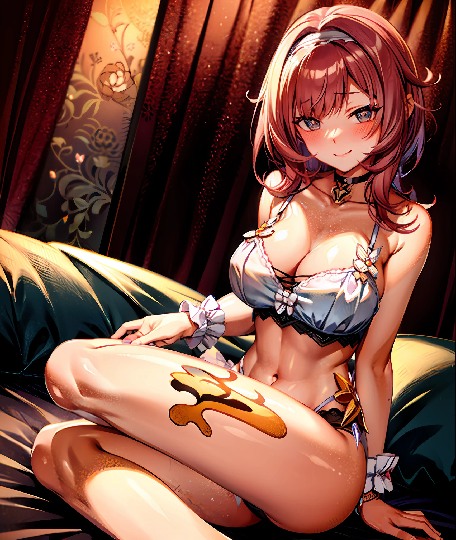 Lingerie, sitting on bed, (blushing face:1.5), smiling, f cup