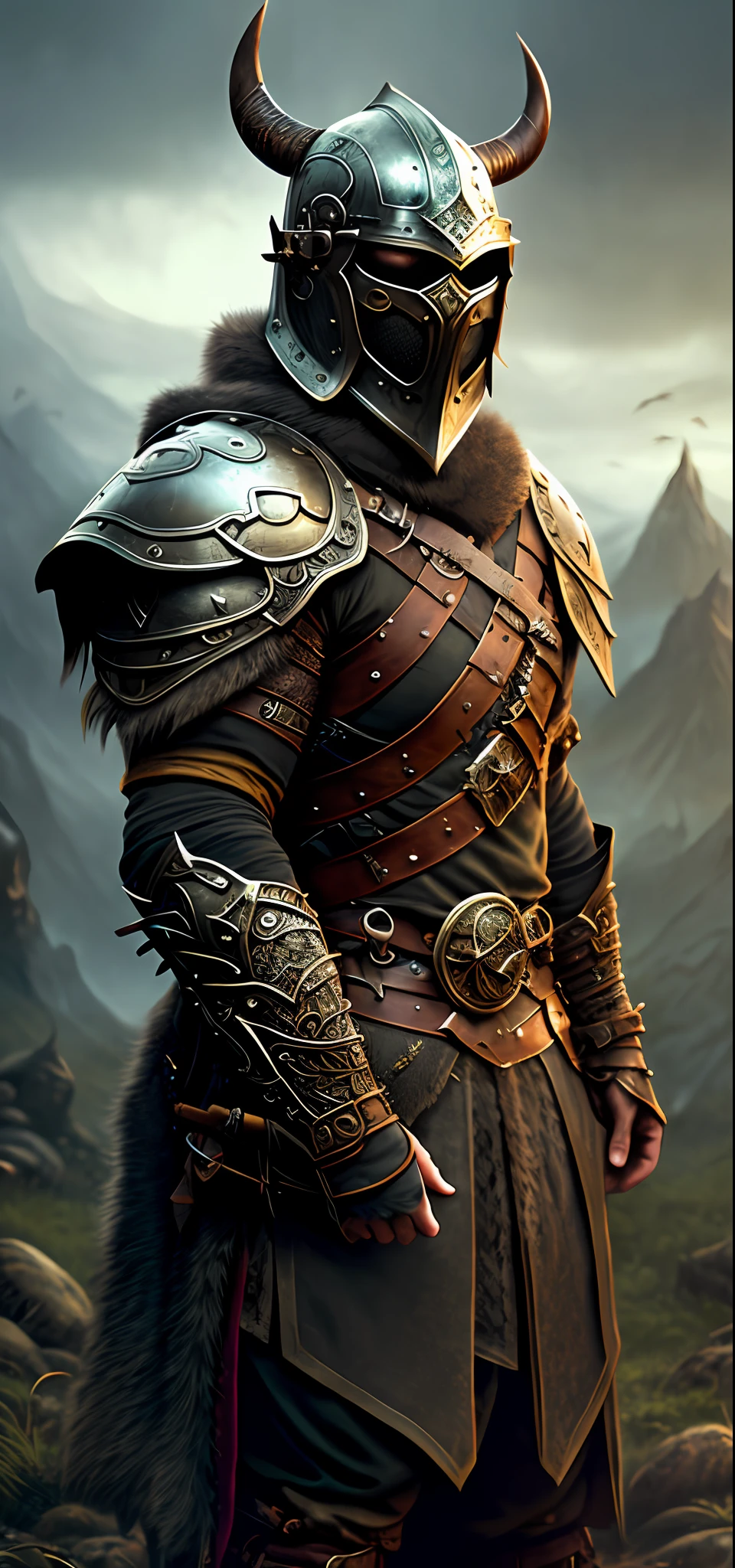 Viking warrior, hyper detailed and ornate black armor, dark helmet, dark look, full body, in artstation forest art, hazy background, realistic epic, rutkowski, hdr, intricate details, hyperdetailed, cinematic, rim light, muted colors: 1.2, dark fantasy, dark and reddish sky, with dark mountains in the background, dark and dangerous atmosphere
